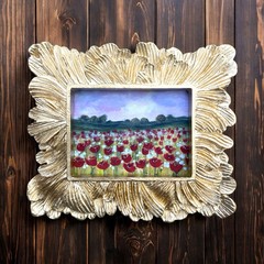 Red Poppy field landscape pink purple cloudy sunset sky mini art print framed