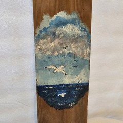 Vintage Hand Painted Seagulls Ocean Sky On Wood Artist Signed 18×4.25×0.5in