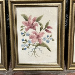 3 VTG Theorem Hand Stencil Signed By Carol USA Gold Frame 8.25” X 6.25” Floral