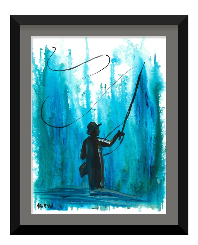 Original 9×12 Fly Fisherman Painting Western Art Abstract Trout Fishing Artwork