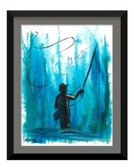 Original 9×12 Fly Fisherman Painting Western Art Abstract Trout Fishing Artwork
