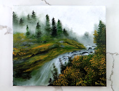 Original Acrylic Landscape Painting 12×14″ MISTY FOREST WATERFALL Wall Art