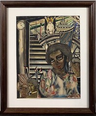 1930 Oronzo Gasparo Indian Americans in East Harlem NYC Surrealist Cityscape WPA