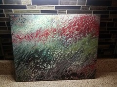 Acrylic pour on canvas 16″x20″ red teal blue green black white