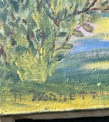 VTG Original Pink Flower GARDEN LANDSCAPE Linen Nailhead 10.75×12.75” Signed