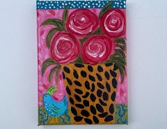 5×7- Hand-Painted Floral Painting Pink Roses Leopard Vase Blue Bird/Folk Art