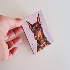 ACEO Original Painting Dogs Doberman Pet Portrait Animal Gouache Modern Artwork