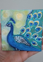 ORIGINAL PEACOCK BIRD PAINTING MINI CANVAS ART VIBRANT CUTE SMALL DESK DECOR