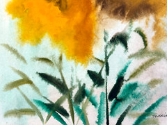 VINTAGE WATERCOLOR PAINTING SIGNED MAXINE GOLDEN YELLOW ORANGE FLOWERS FLORAL