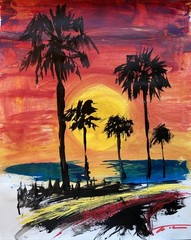 Southern California Sunset Palms Beach Abstract Acrylic Original Art 14×11 Paper