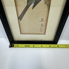 Asian Bird & Berry Watercolor Painting Signed Red Seal Framed Art 17×6