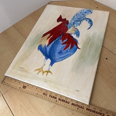 Rooster Painting on Canvas Blue Red Folk Art 24×18 Wall Decor