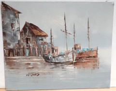 W. JONES FISHING BOATS AT DOCK ORIGINAL OIL BOARD SEASCAPE PAINTING UNFRAMED #2