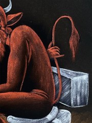 DEVIL ON THE TOILET , 18″X 22″ HAND PAINTED,VELVET PAINTING, VINTAGE, WOOD FRAME