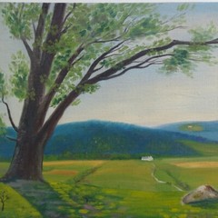 Rural Summer Landscape Oil Painting Impressionism Tree Mountains Farmhouse 9×12