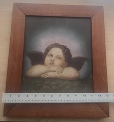Wood Framed Rustic Canvas Painting Reproduction – Raphael’s Angel / Cherub VTG