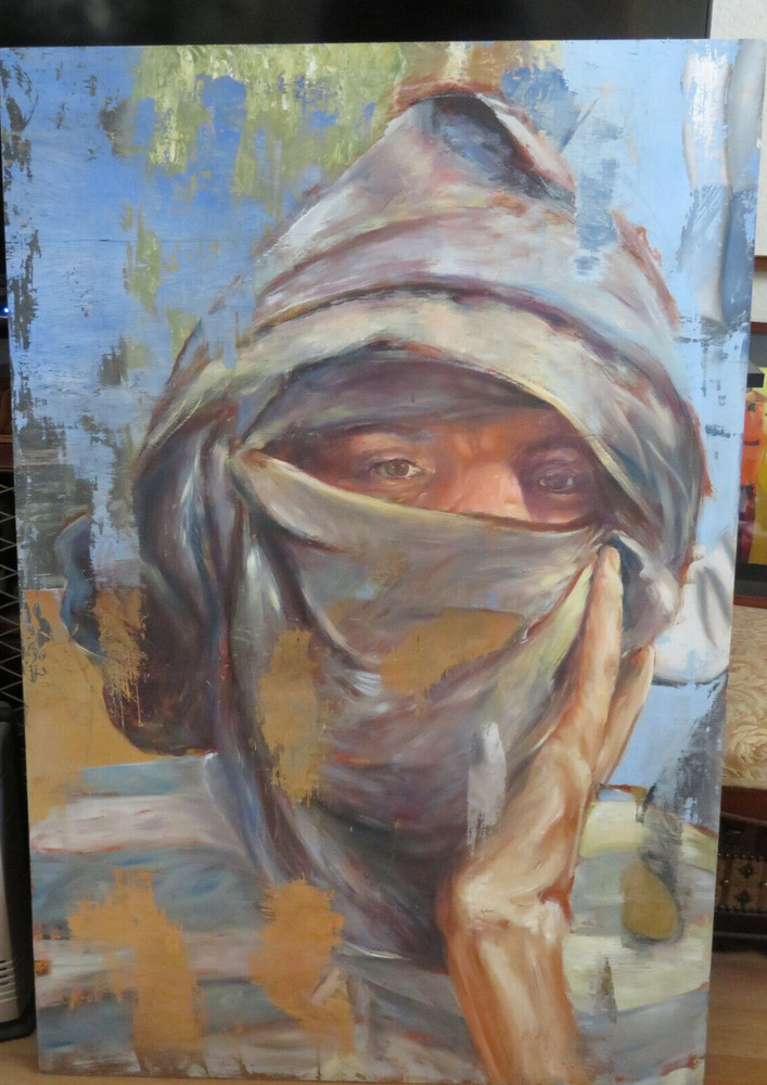 Huge beauty! desert scene man,dust storm africa middle east O/B 47″x32″