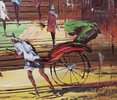 18×24 Vintage Oil on Canvas ASIAN STREET SCENE Rickshaw by DAVID ZANG Hong Kong