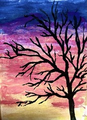 ACEO Art Card Original Acrylic Sunset Tree Landscape