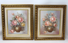 Pair Original Oil Paintings Still Life Floral Bouquet J. Justin 14×12 Gold Frame