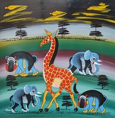 MAWAZO GIRAFFE WITH TWIN ELEPHANTS AND TWIN HIPPOS Classic Tingatinga on board