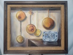 Framed Still Life Painting Copper Cookware Kitchen Wall Art Rustic Farmhouse