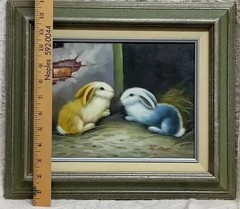Giclée PAINTING Bunnies farm yellow blue signed gift matted framed