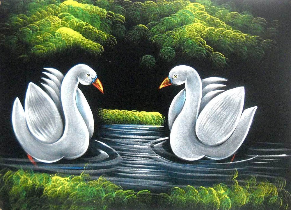 Twins Ducks/ Swan Oil Painting on Velvet Fabric Home Decor India Size 20×27″
