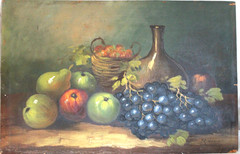 ANTIQUE STILL LIFE WINE HARVEST OIL PAINTING FRUIT SIGNED COUNTRY PRIMITIVE ORIG