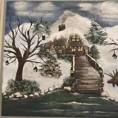 Vntg Christmas Folk Art Painting Cabin Snow Tree Moose 16” X 20” Original