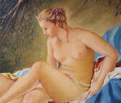 50″ Wide Framed Oil On Canvas Painting After Francois Boucher „Diana Bathing“