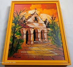 Vintage Oil Painting California Mission Spanish Church Orange Yellow Religious