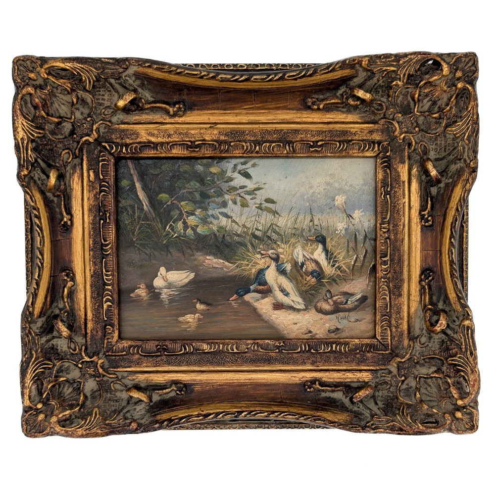 1850s Antique Waterfowl Ducks Landscape 19th C Original Oil Painting Signed HUNT