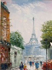 Vintage Signed Oil Painting French Street Scene J. Bardot France Eiffel Tower