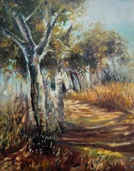 AUSTRALIAN SCHOOL UNSIGNED OIL „ALONG THE BUSH TRAIL“ C 1990