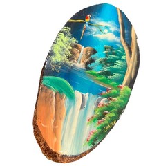 Hand Painted Water Fall w/ Parrot On Wood Wall Art Craft Artisan Costa Rica