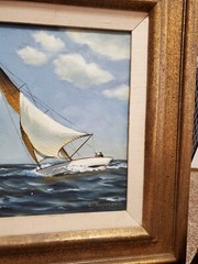Vintage L. Raymond Sailboat Framed Painting Oil On Canvas San Francisco Bohemian