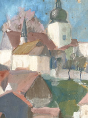 St. Nicholas in New Church Gouache Unsigned Circa 1920 Church City View Old