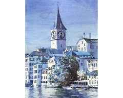 Zurich Switzerland skyline watercolor painting medieval architecture (original)