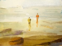 Jane Harper watercolor painting people on beach framed Oregon Coast Sands ofTime