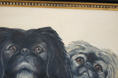VTG 60S FRAMED ORIGINAL OIL PAINTING OF BLACK AND GRAY PEKINGESE DOGS ARTIST: ME