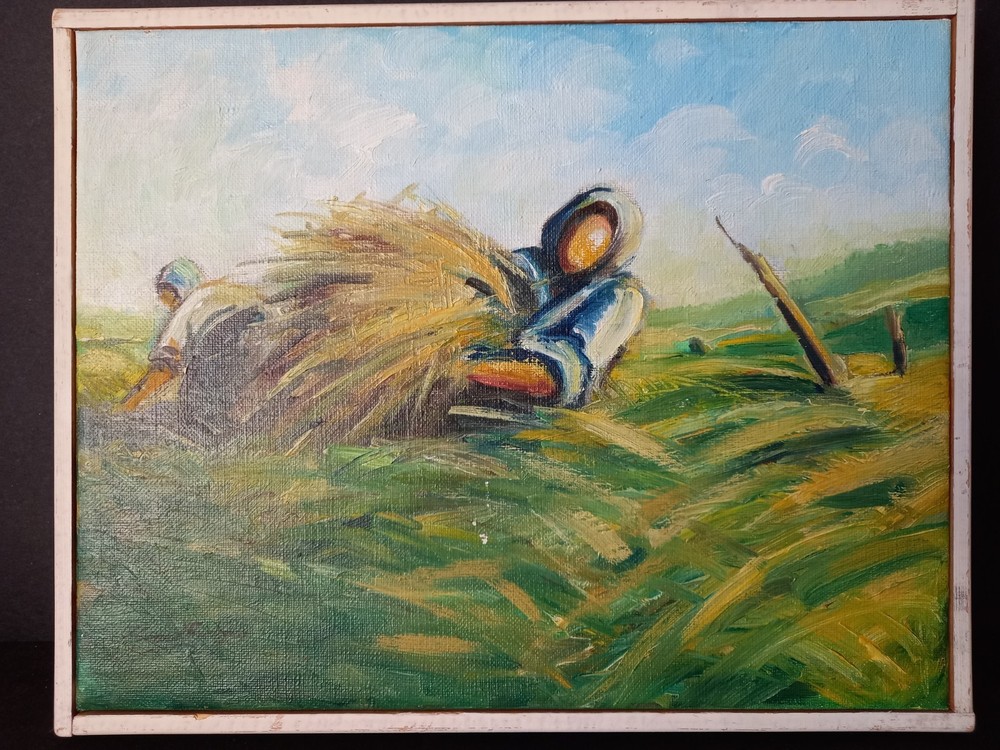 1960s Scandinavian Modern Oil Painting „Hay Harvest“ Signed.