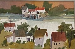 Anne Kittel Watercolor Painting Colorful Folk Art Houses Waterway Florida