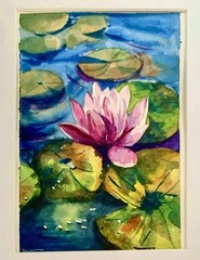 Painting Water Lily Pad Flower in Pond Original Watercolor Metal Bamboo Frame