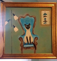Vintage MCM Mid Century Modern Siamese Cat Painting Framed Gold Wall Art Retro