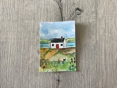 ACEO Painting HP Landscape House Sea Sheep By Kenna 2.5” X 3.5” Signed ÀTC