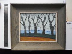 Small rectangle marine painting of Macao harbor, with trees and bridge.