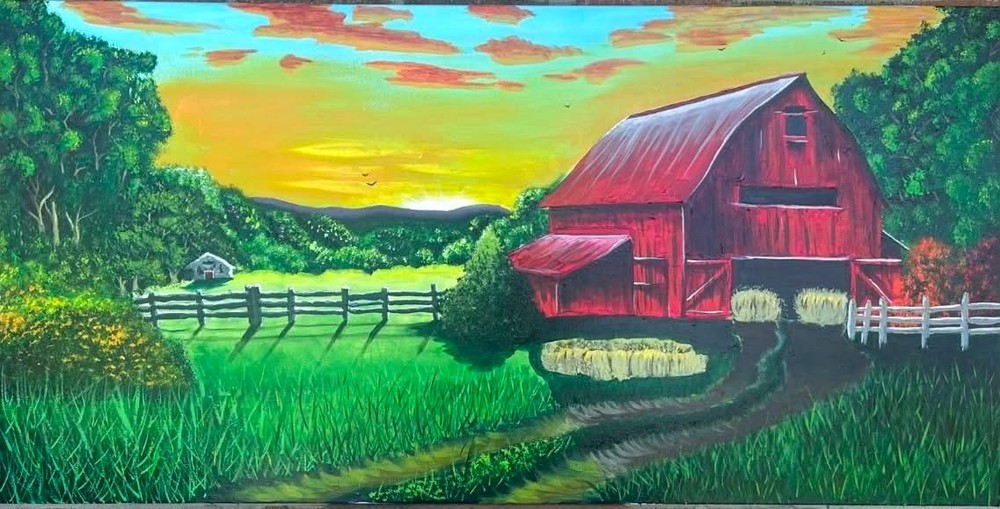 Large Original Canvas Red Barn Farmhouse Wall Art Rustic Country Landscape Sunse