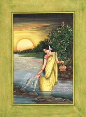 Nature Art Painting Of Indian Woman In River With Fish On Paper 10.5×13.5 Inches