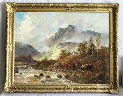 ANTIQUE FOLK ART OIL PAINTING VILLAGE BRIDGE RIVER SNOW WINTER LANDSCAPE PEOPLE